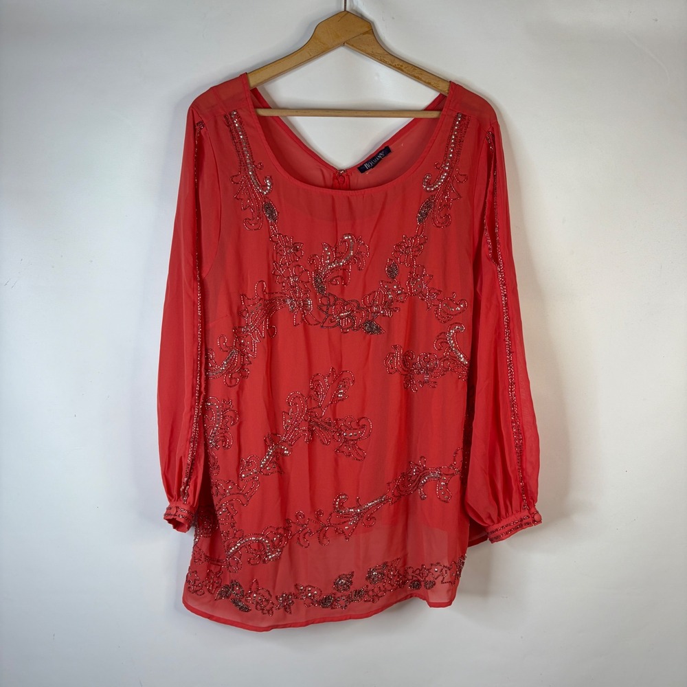 Roaman's Blouse Women 22W Coral Orange Beaded Sequin Cold Shoulder Top